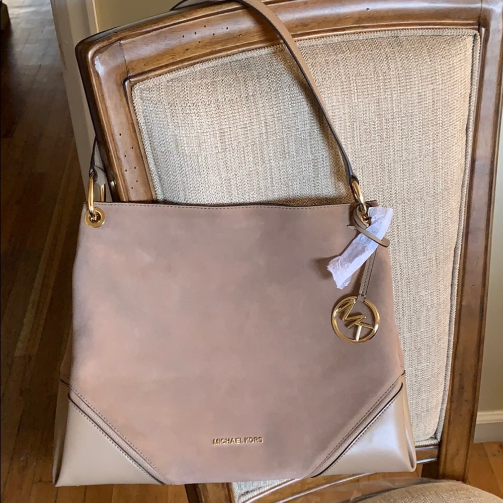 Michael Kors Lg Shoulder Nicole Suede Leather Tan